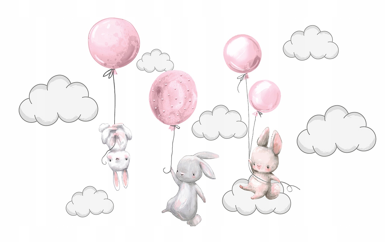 

Naklejka ścienna Króliczki balony chmurki króliki
