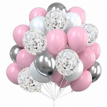 

Balony srebrne różowe konfetti Duże 25 sztuk P16