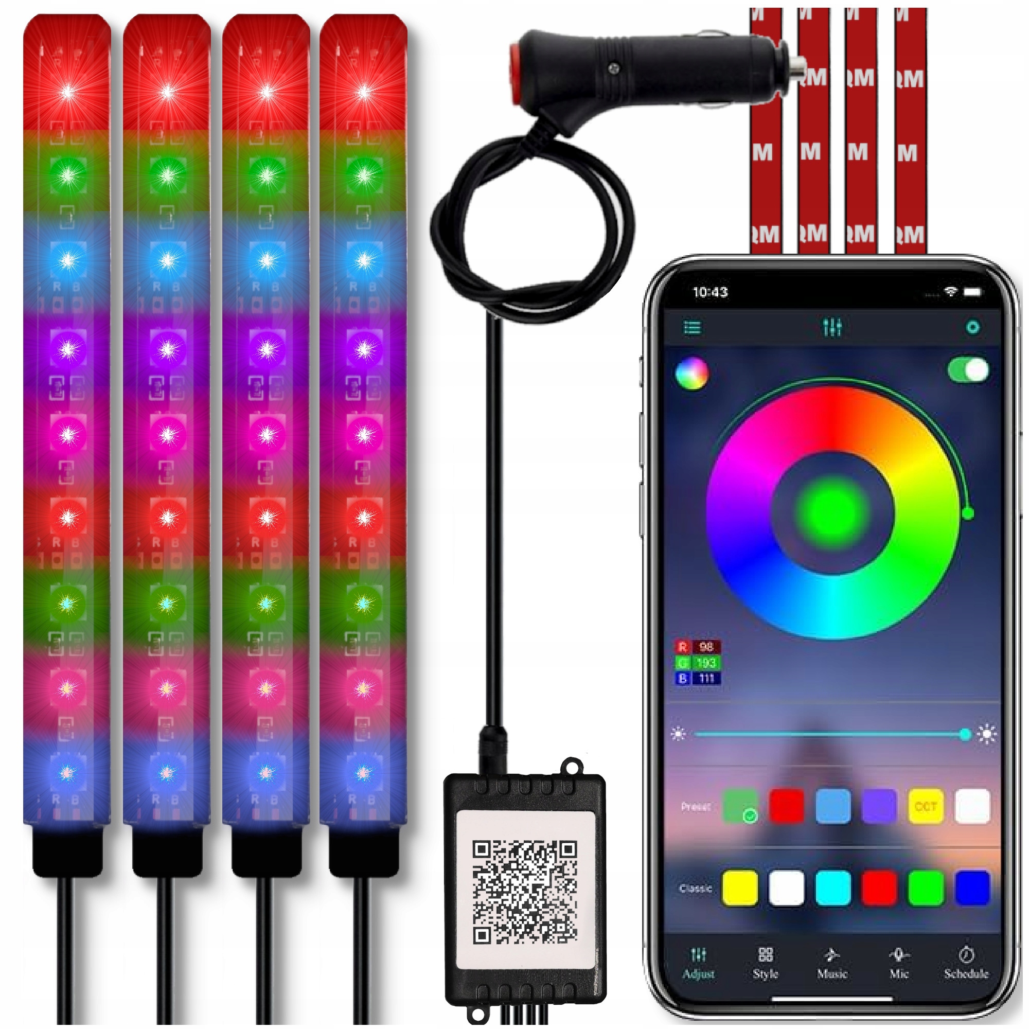 OŚWIETLENIE LED RGB WNĘTRZA AUTA KABINY SAMOCHODU LEDY + APLIKACJA TELEFON