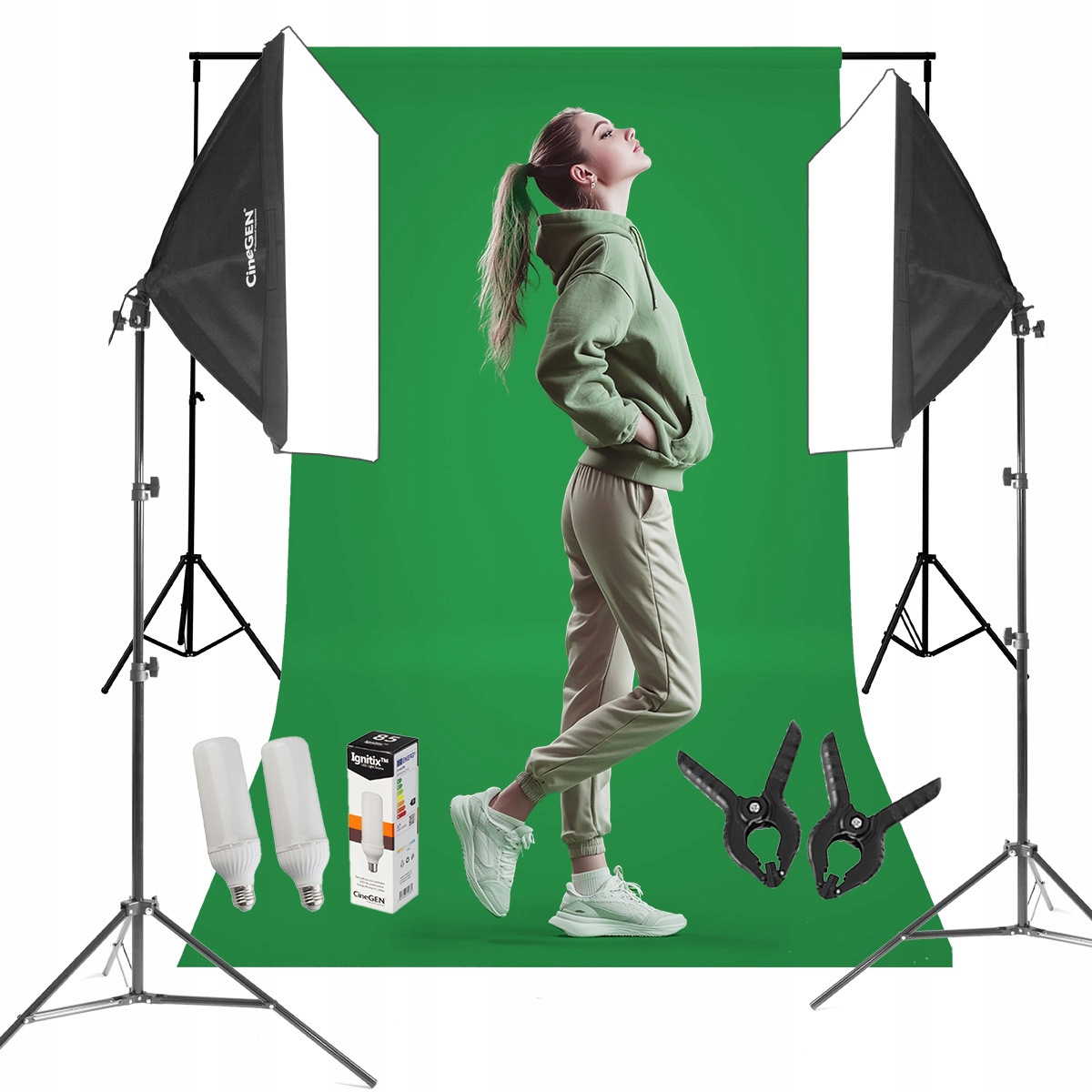Zestaw Studyjny Stelaż + Tło Zielone + 2x Lampa Softbox 40x60cm 85W LED