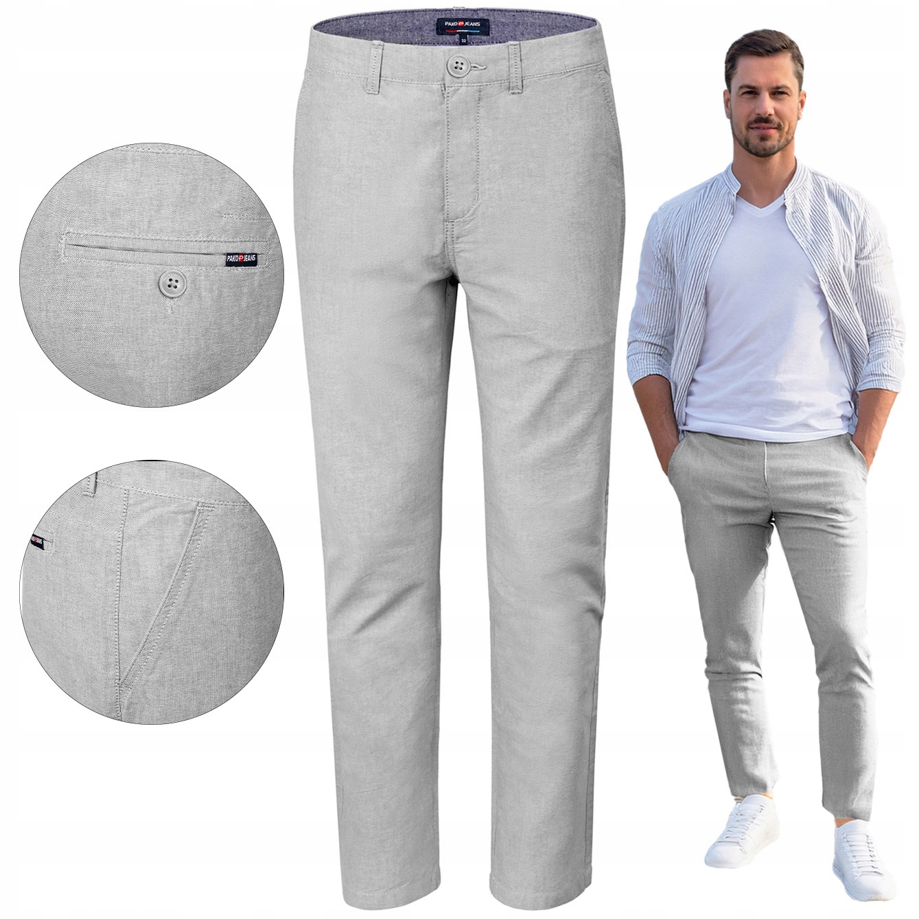 Pánské bavlněné Chino Kalhoty Světle Šedé Slim Fit W36/L32 Pako Jeans