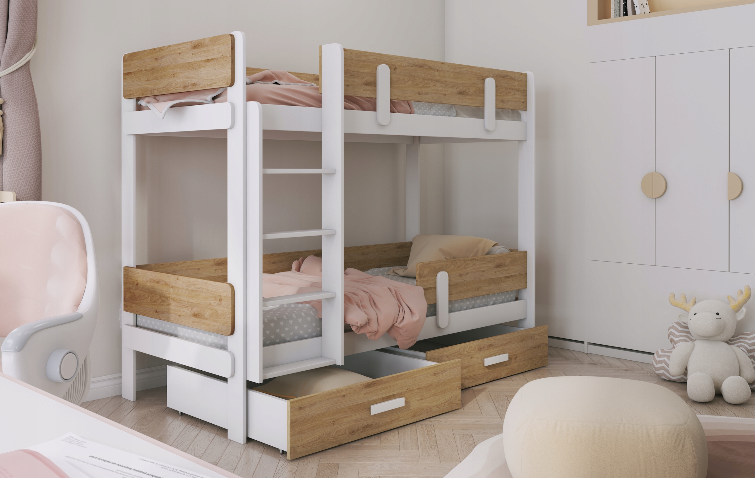 Łóżko 2 180X80 osobowe piętrowe z szufladami i drabinką barierki ochronne Kod producenta ETTORE