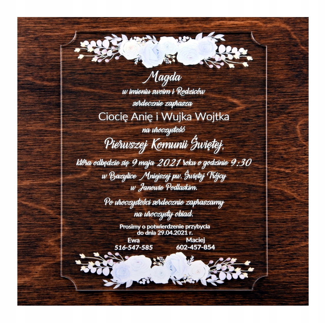 Zaproszenie I Komunia Święta AKRYLOWE eleganckie