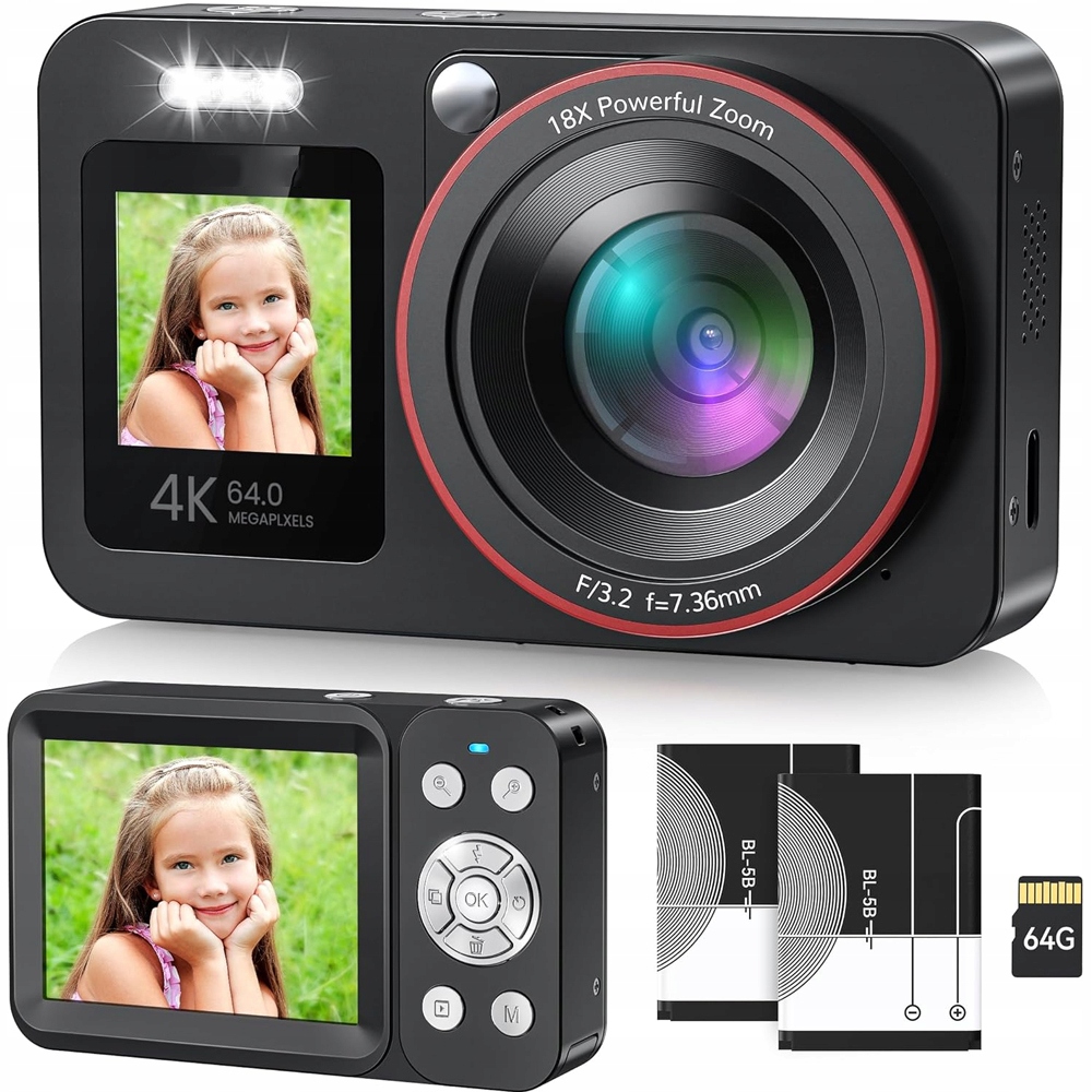 Přenosný Digitální Fotoaparát Černý 4K 64MP 18X Zoom S Automatickým Ostřením