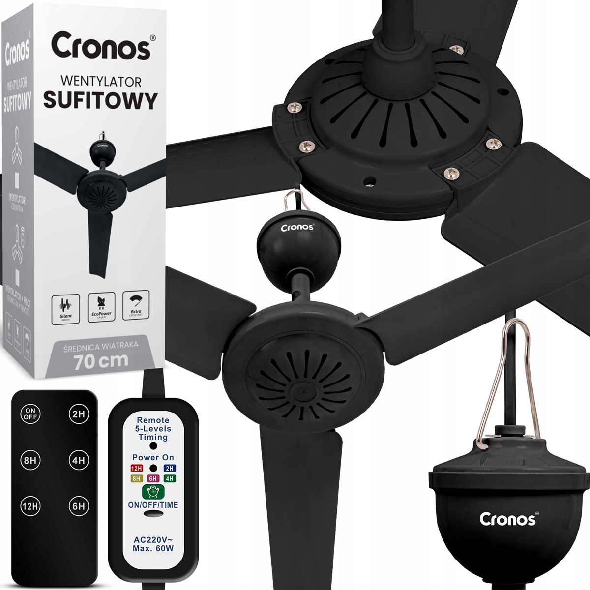 Stropný Ventilátor S Vetrákom Tichý Čierny Ventilátor 70 cm Diaľkový Ovládač Časovač
