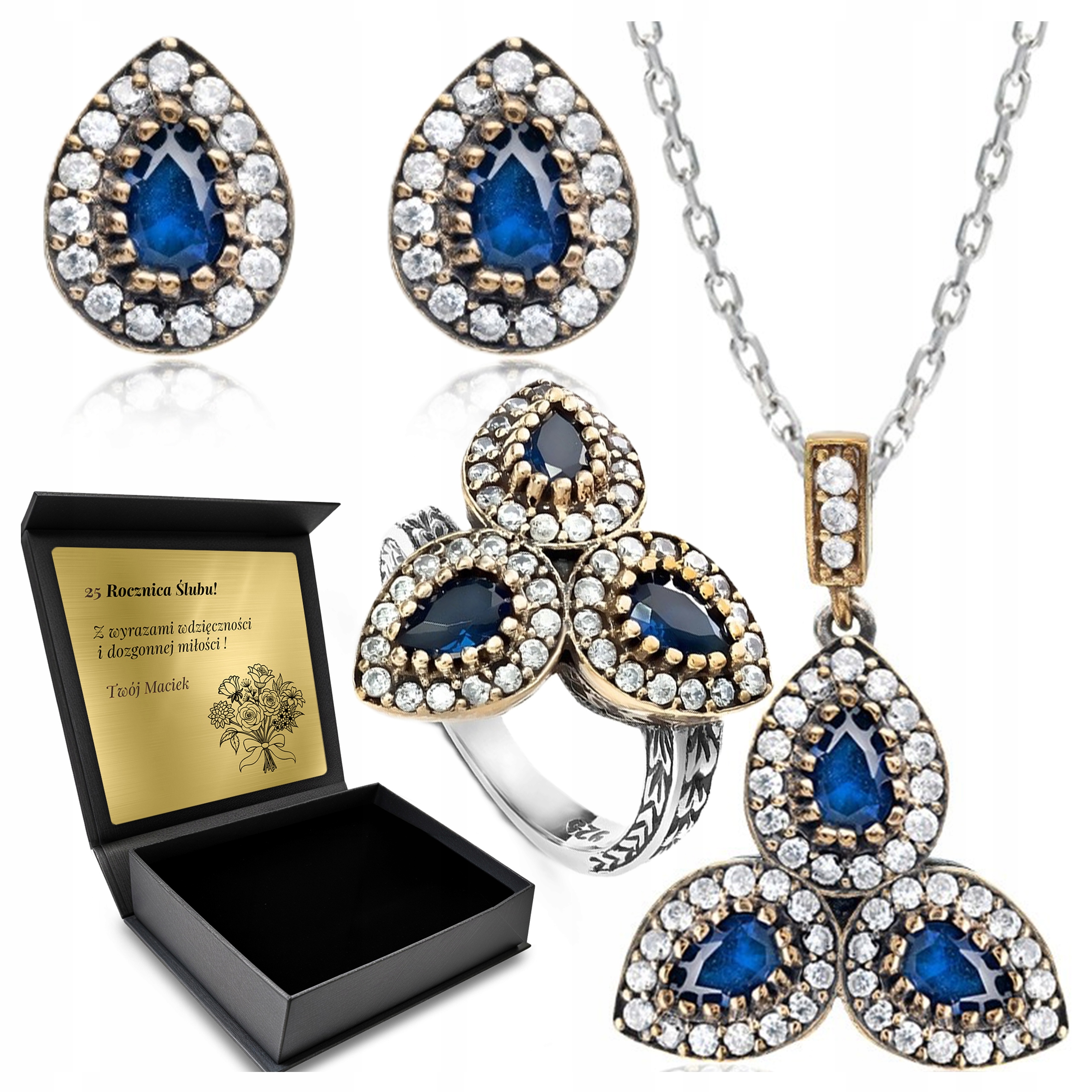 Komplet originálních tureckých šperků Květina se zirkonem a safírem Gravírování