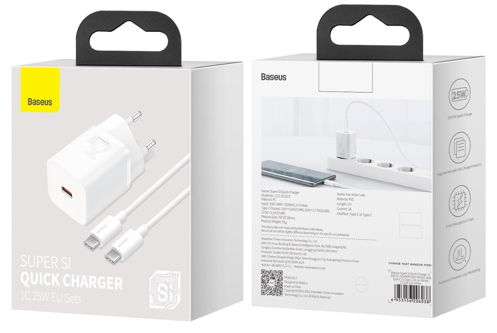 BASEUS ZESTAW SZYBKA ŁADOWARKA DO TELEFONU ZASILACZ USB-C 25W, KABEL TYPE-C Kolor biały