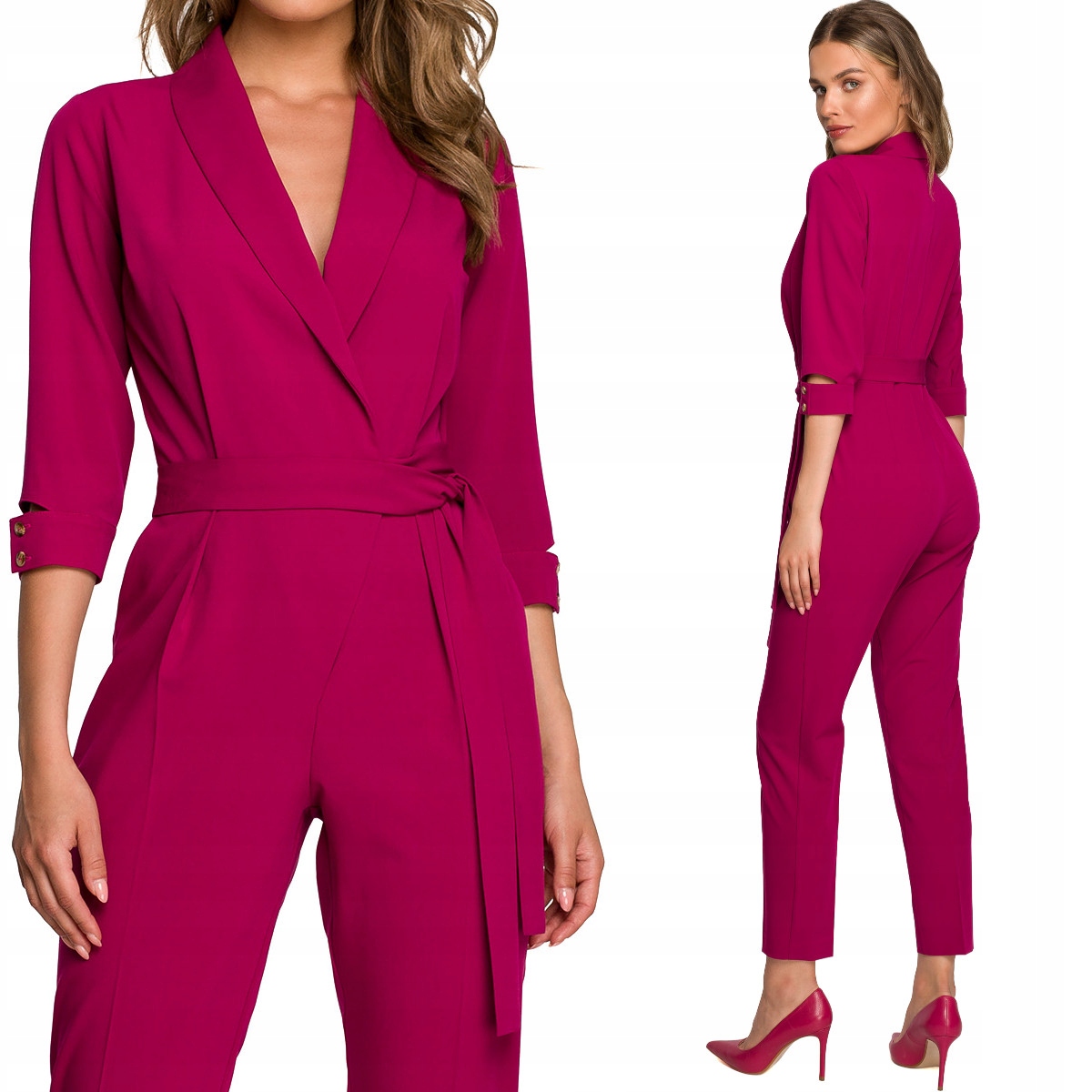 KOMBINEZON DAMSKI ELEGANCKI KOBIECY Z KOŁNIERZEM SZALOWYM ŚLIWKOWY 44 XXL