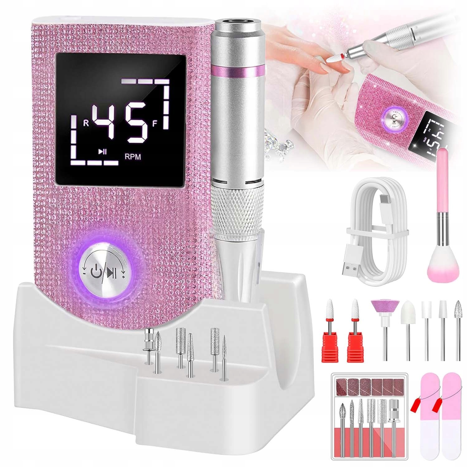 Bruska Na Nehty Manikúra Pedikúra Gel Hybridní 50W Silná Frézy Sada