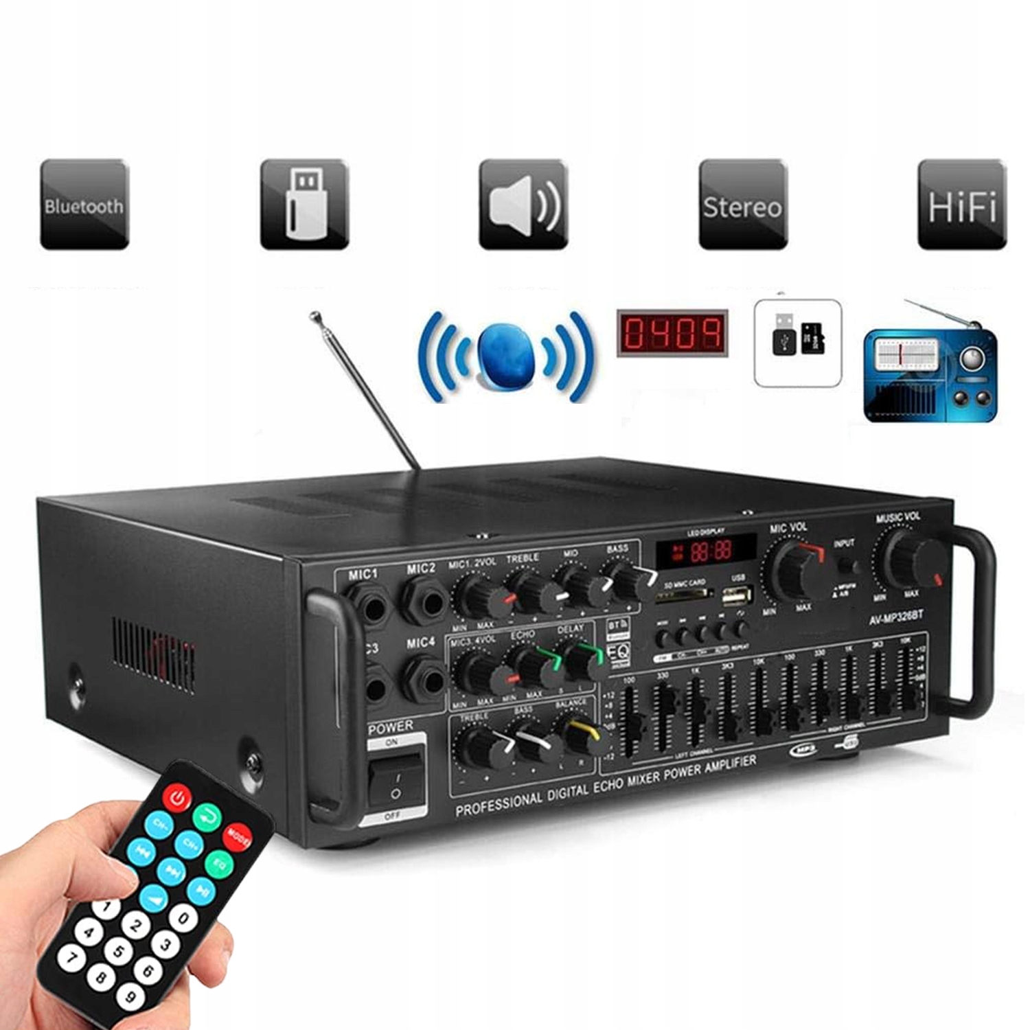 Receiver 2000W Bluetooth Usb Stereo Amplifier Fm Radio MP3 220V 12V