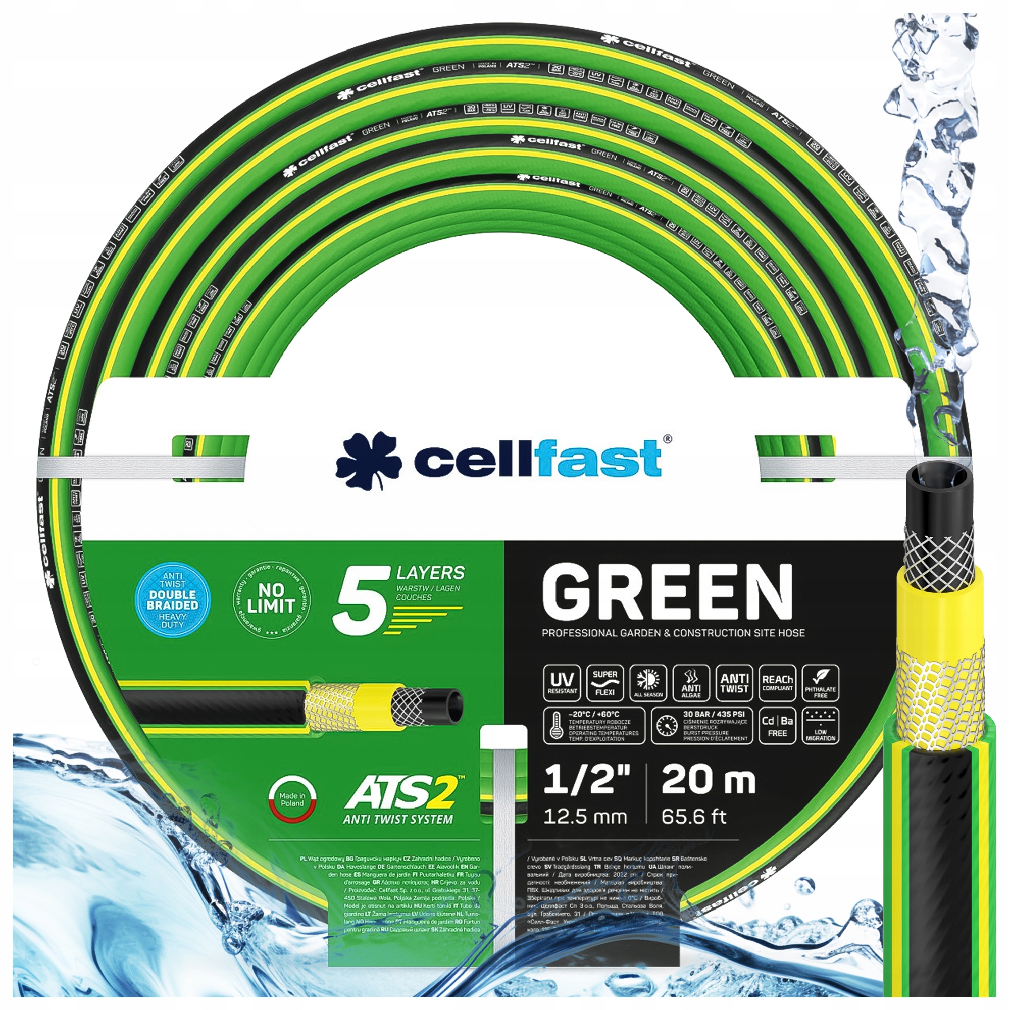 Wąż Ogrodowy 1/2" 20m Mocny Cellfast 5-WARSTW Elastyczny Odporny Green ATS2