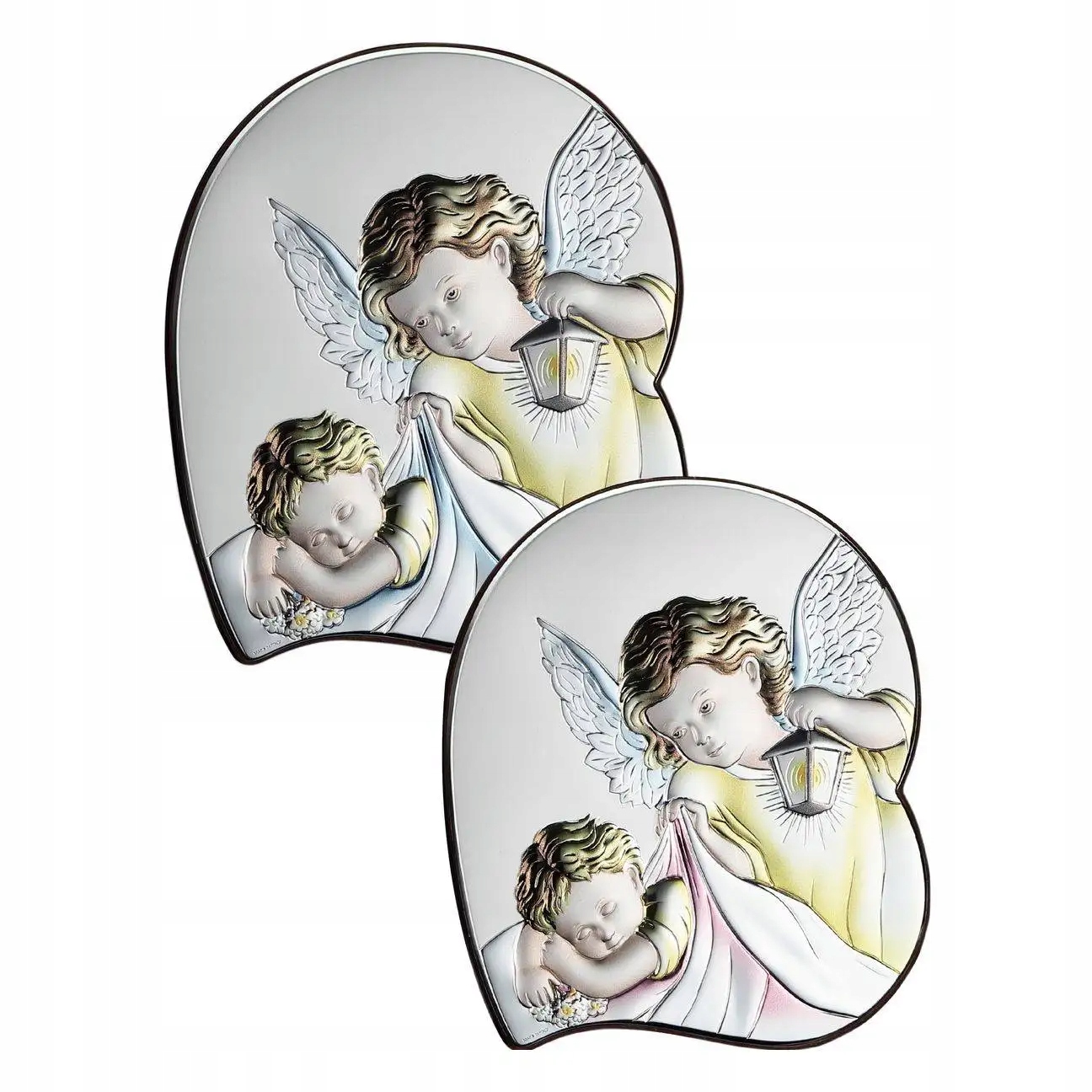 Srebrny obrazek na chrzest anioł stróż z latarenką 12x14 cm Kolor: Różowy Kolor różowy