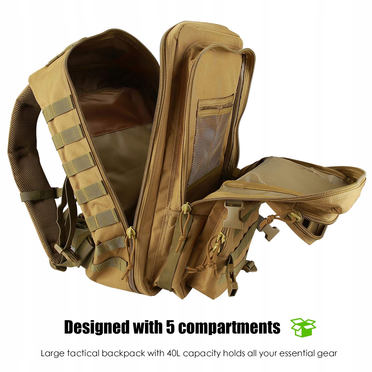 PROCASE Plecak Taktyczny 40L Duża Pojemność Na Wędrówki Kemping Khaki — miniatura 5