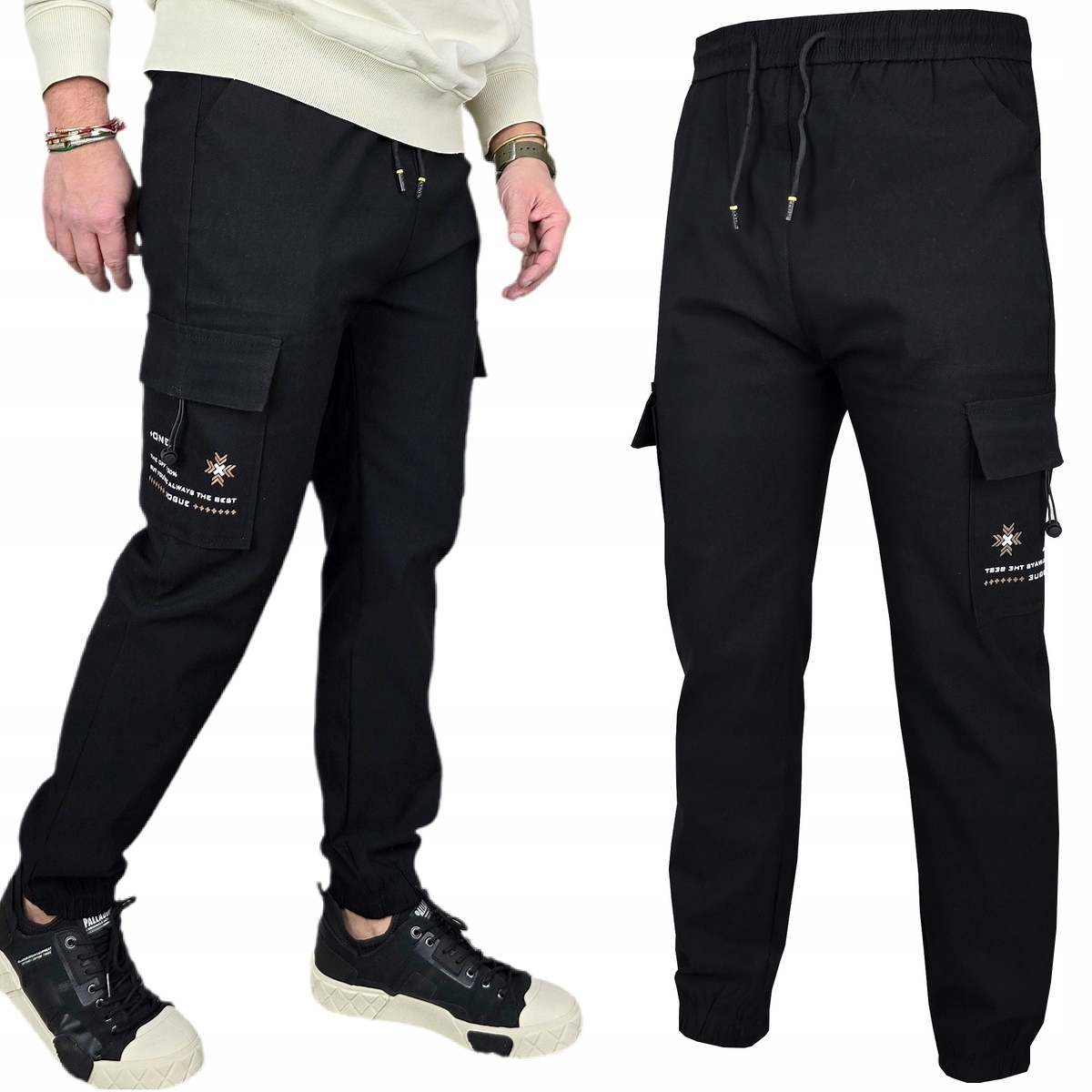 Dresowe Spodnie Męskie długie Czarne dresy Bojówki 6 kieszeni Bawełna, 3XL