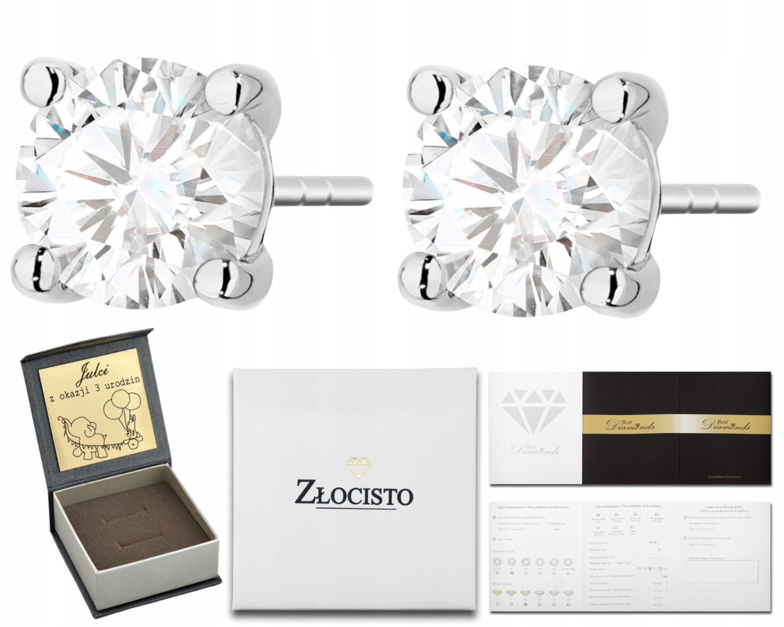 Náušnice z bílého zlata s laboratorními diamanty 2,00 ct 585, Dárek Gravírování