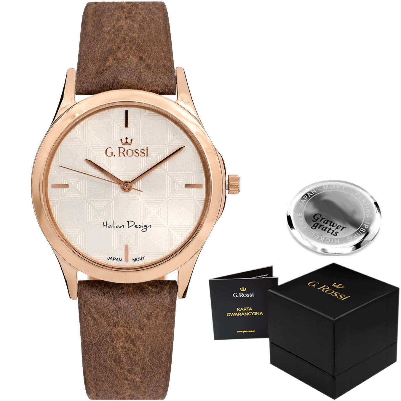 Dámské hodinky G. Rossi Miroe – elegantní ciferník – kožený řemínek Gravírování