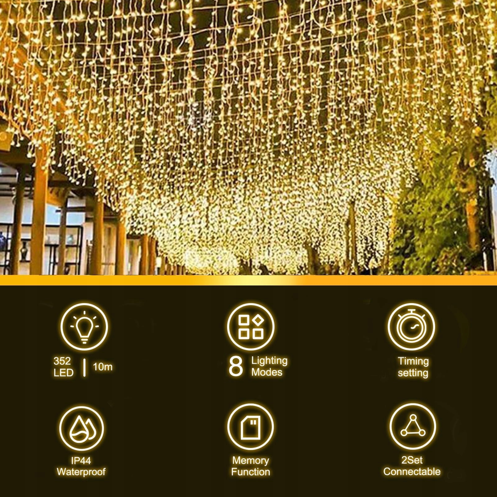 TARGETONE Lampki LED Ciepłe Białe 352 LED 10m Do Wnętrz i Na Zewnątrz — miniatura 2