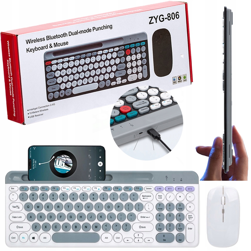 Bezdrátová klávesnice a myš (806) WiFi Bluetooth 3 zařízení bílá