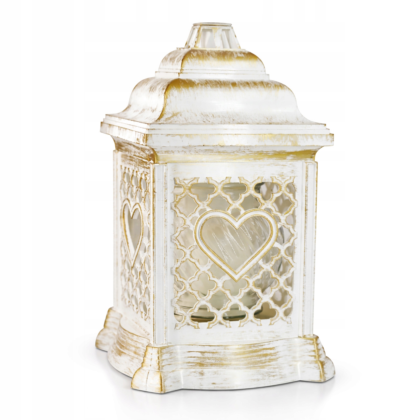 Znicz szklany ozdobny premium biało-złoty tradycyjny SERCE wys. 26 cm