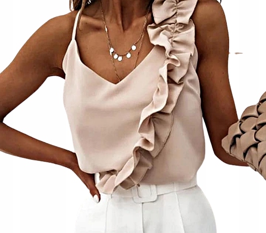 MD beżowa bluzka damska na ramiączkach dekolt V ramiączka top falbana S