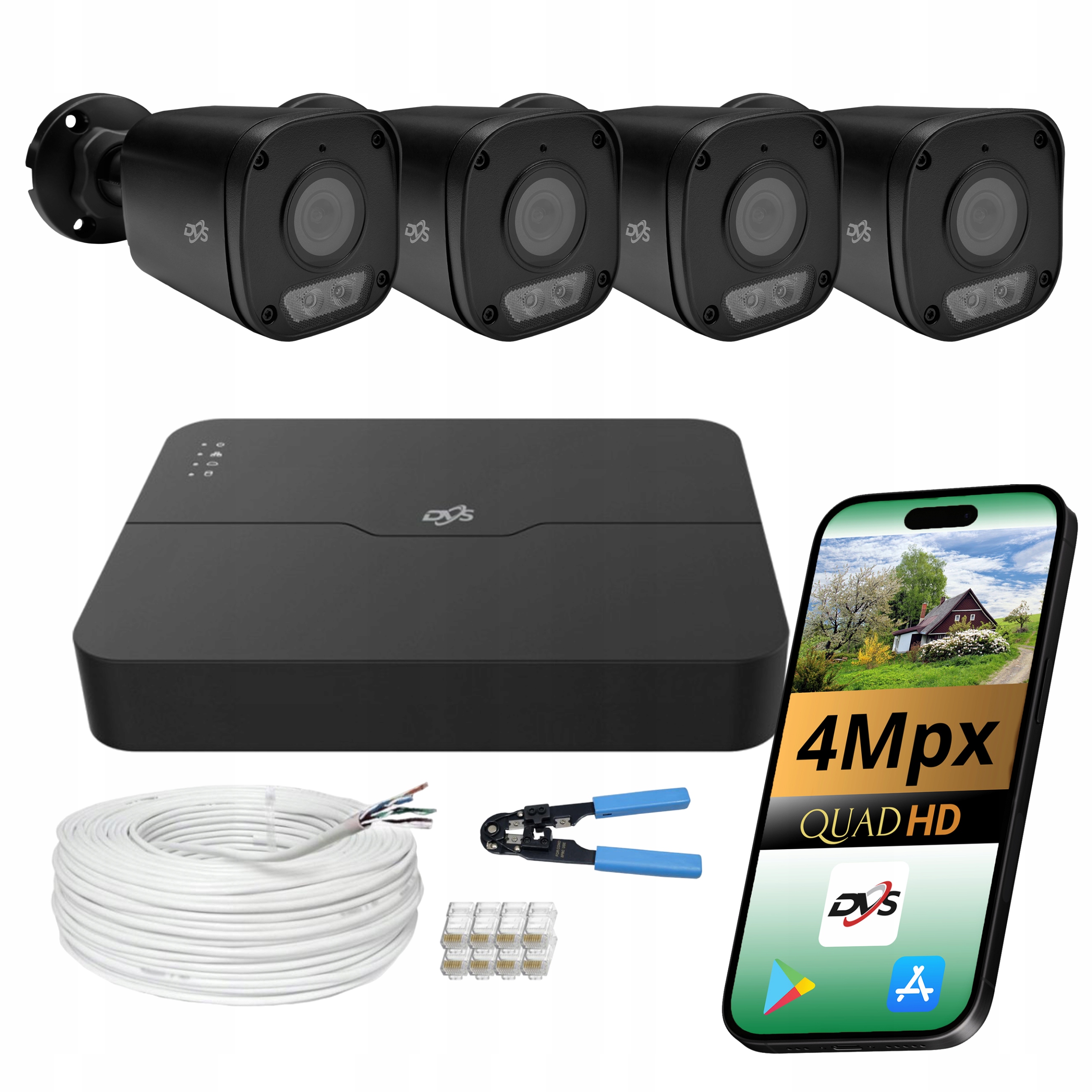 Sada 4 černých tubusových kamer Dvs Ip PoE 4Mpx Dual Light pro monitorování