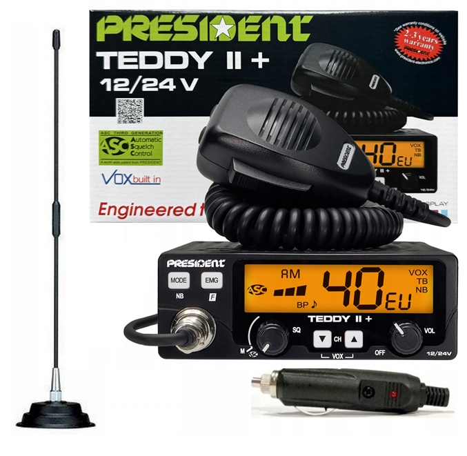 Zestaw Cb Radio President Teddy II Plus 2 Asc 12V 24V Antena Florida +wtyk