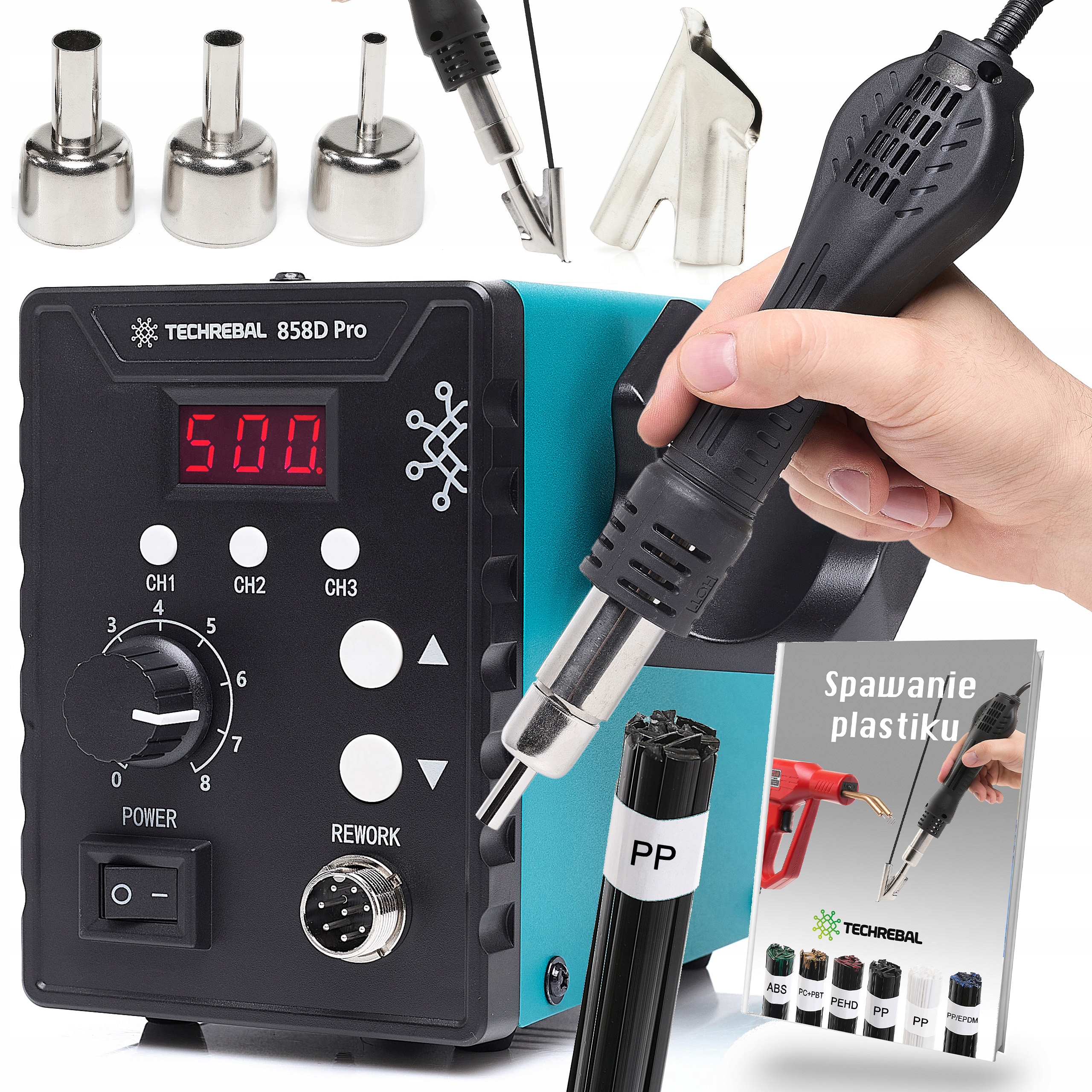 Svařovač Plastu horkovzdušná páječka Techrebal 858D Pro tryska But 3 paměti