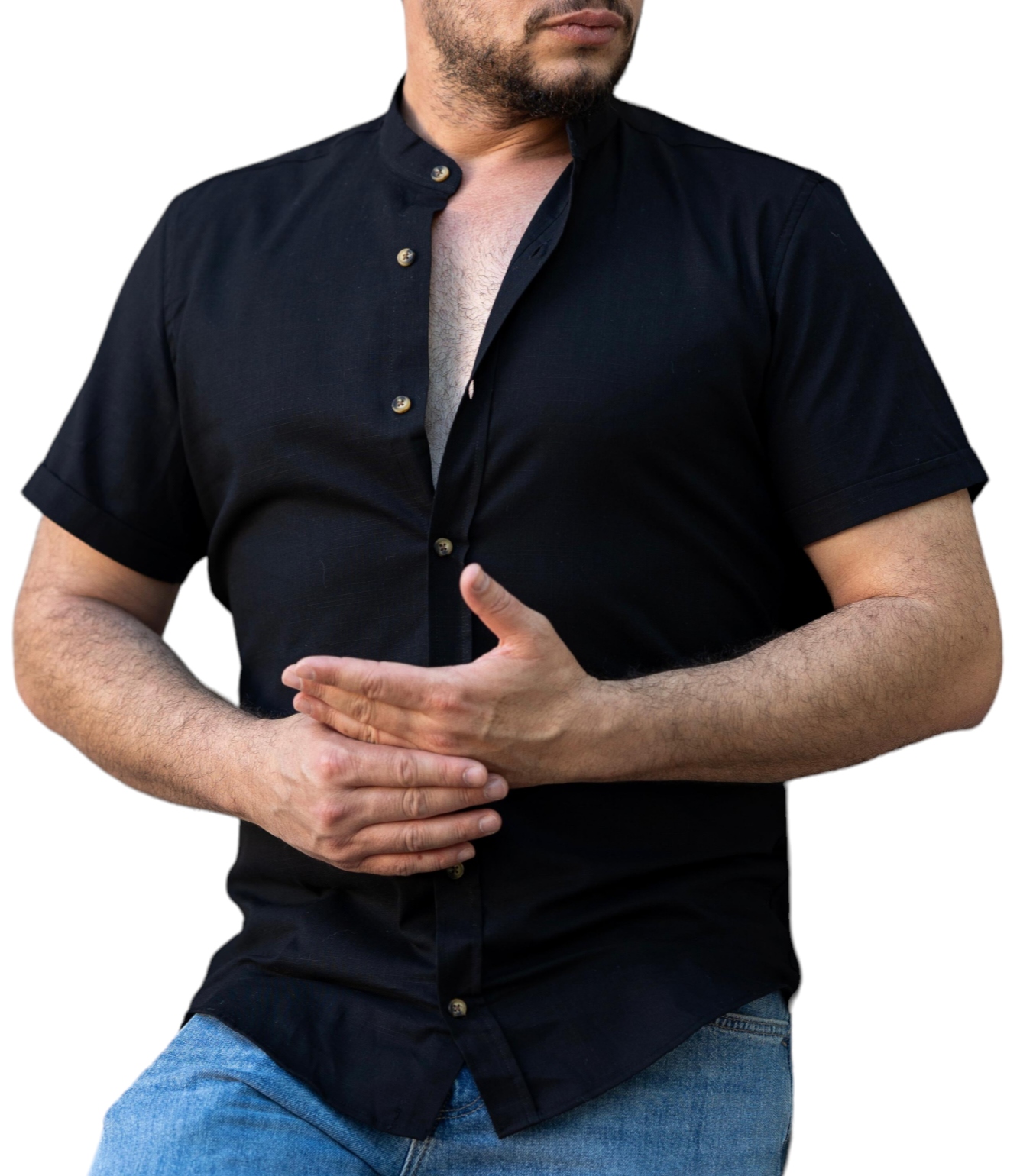 Pánská Lněná Košile Len Stojáček Casual Černá XXL