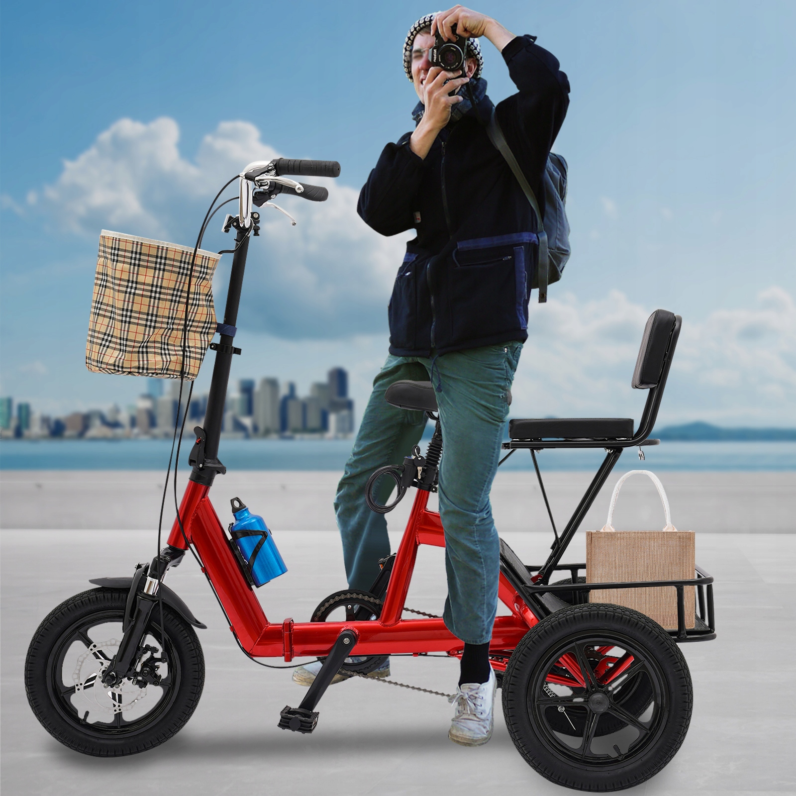 14-Calowy Rower Trójkołowy Składany Dla Dorosłych Czerwony Rowerek Z Koszyk Kod producenta ZX202405150202