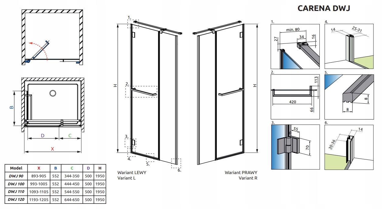 Drzwi prysznicowe RADAWAY Carena DWJ 110x195 LEWE Grubość szkła/szyby 6 mm