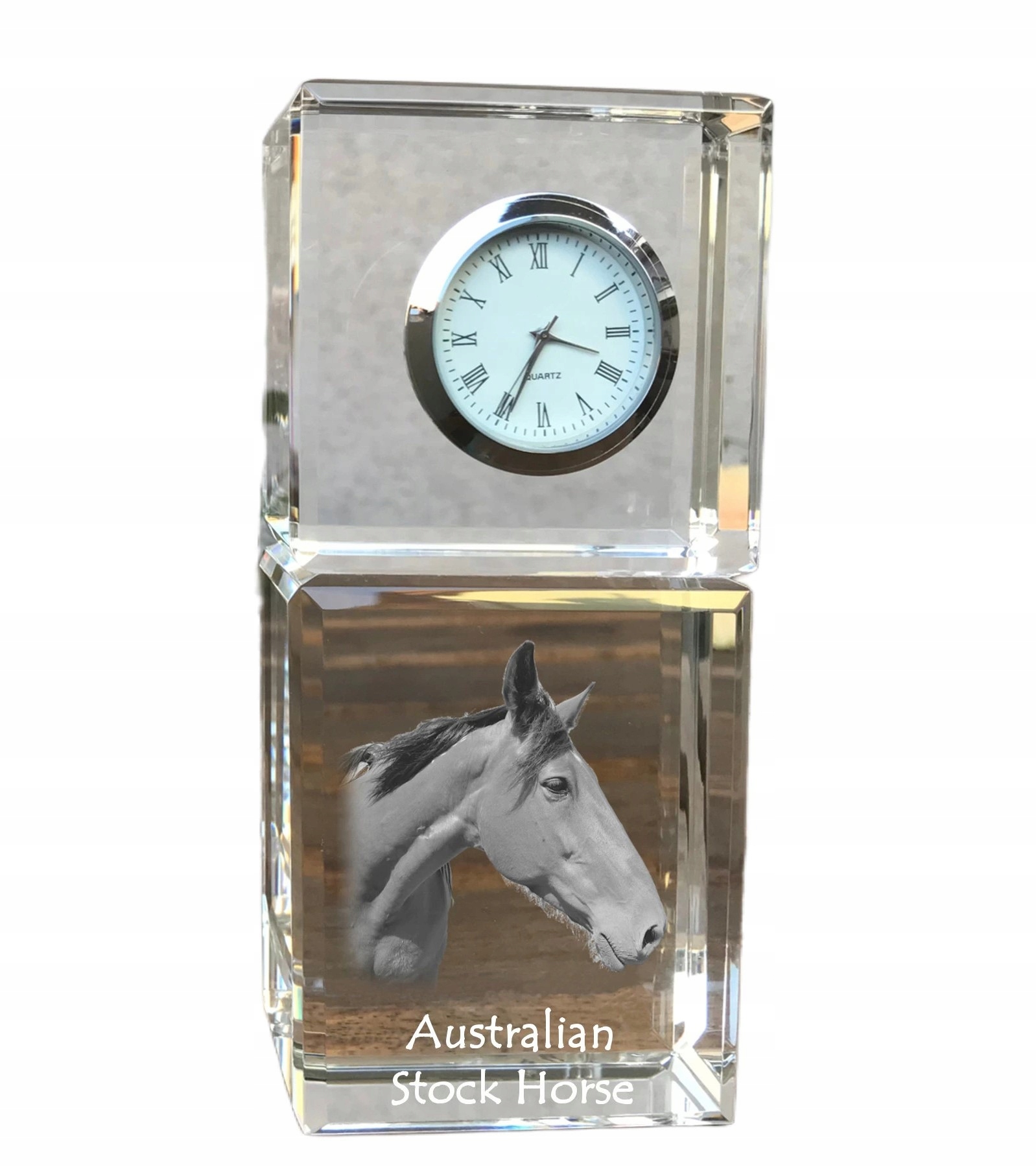 Kôň Australian Stock Horse – krištáľový stolový hodinový strojček s vašou fotografiou