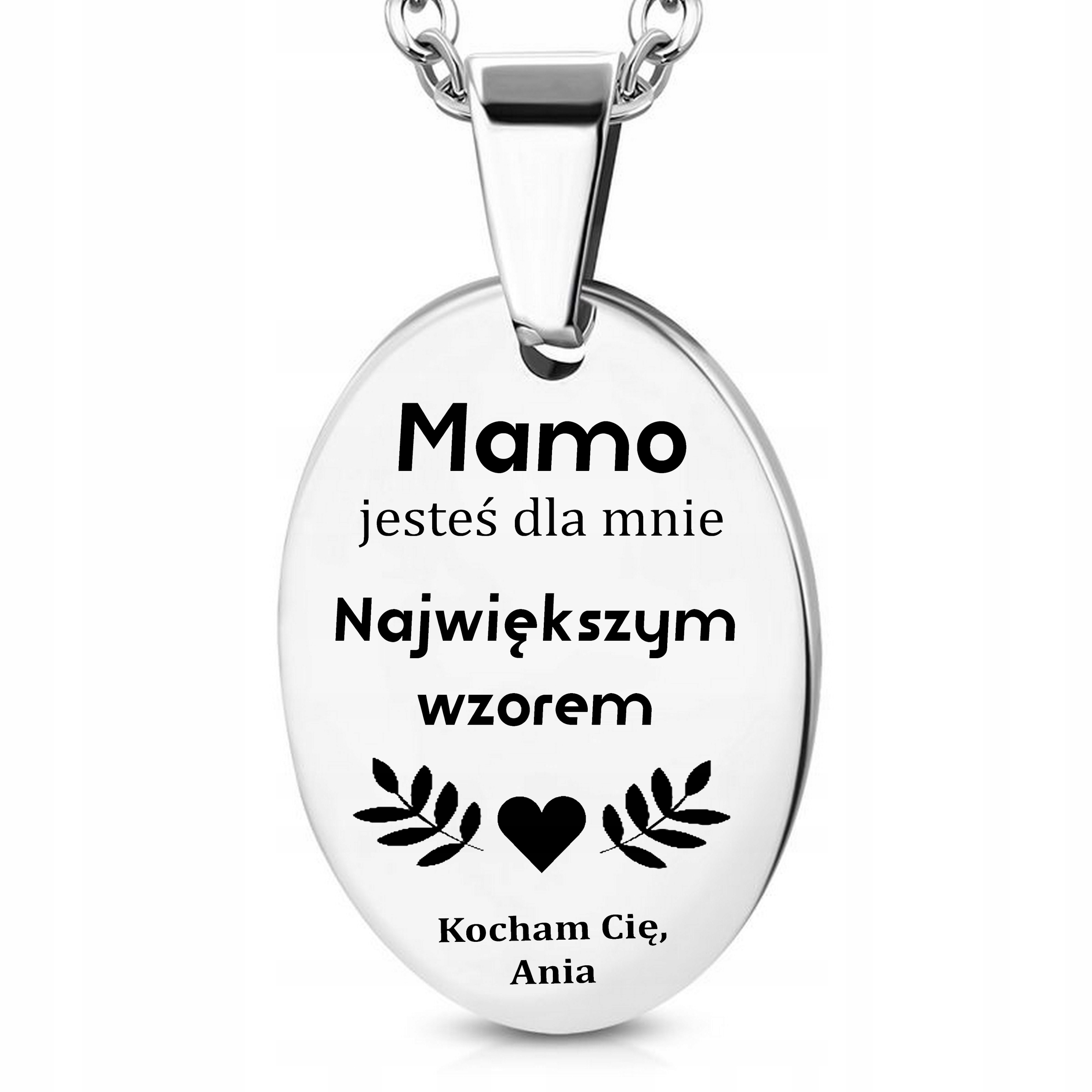 OWALNA SREBRNA ZAWIESZKA PREZENT DLA MAMY GRAWER Kolor dominujący srebrny