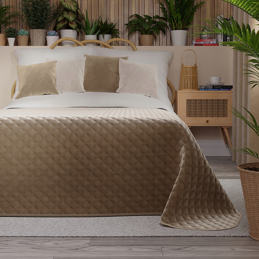 Dekorativní přehoz Velvi 220x240 prošívaný s geometrickým vzorem, tmavě béžový