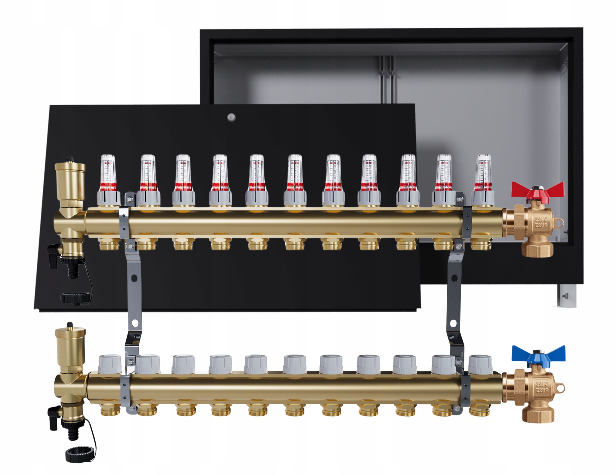 Rozdělovač podlahových krytin mosazný 11 okruhů podomítková skříň ventily