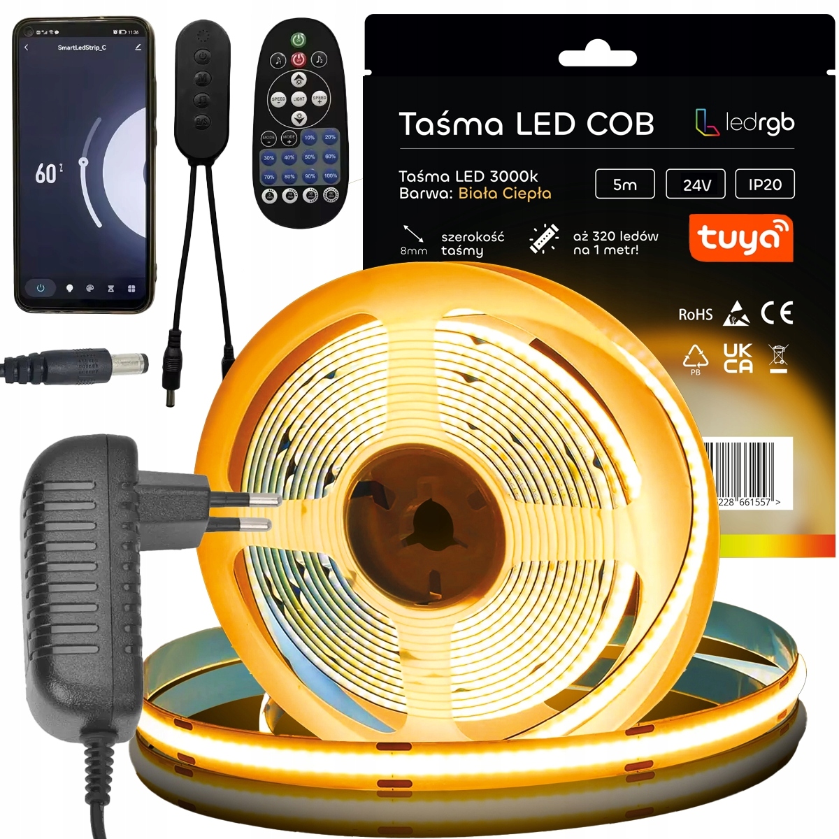 Zestaw Taśma Led Neon Cob 24V 5m 3000K Biała Ciepła Wifi Tuya Ściemniacz