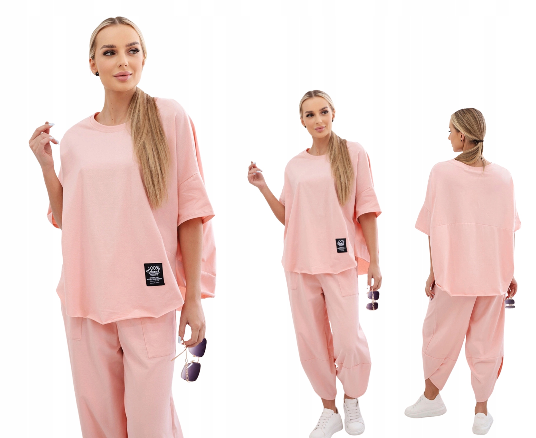 Broskvový bavlněný komplet pro ženy: oversize halenka a kalhoty