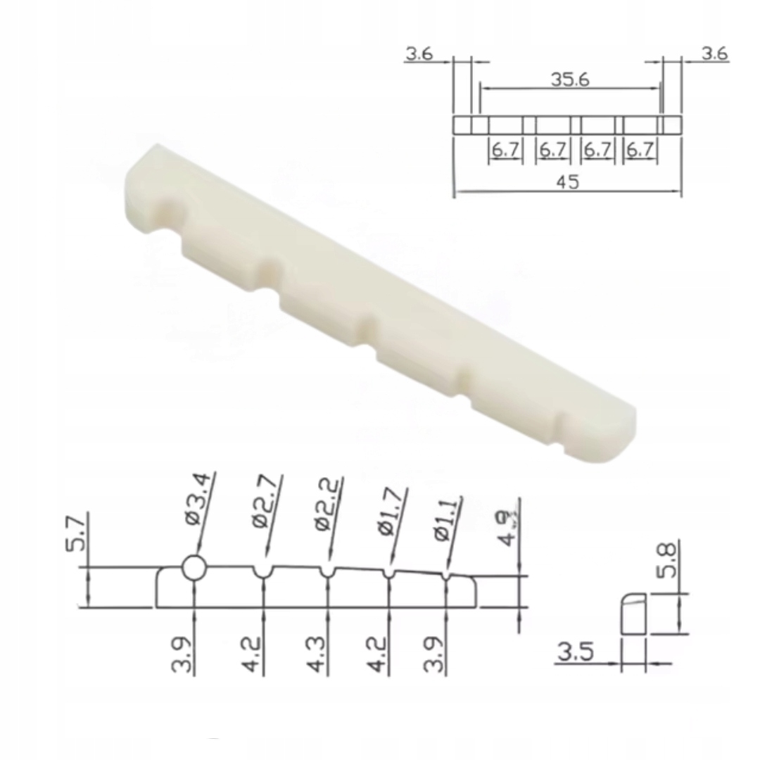 Siodełko - prożek górny gitary basowej 5 strunowej - 45 x 3,5 x 5,7 / 4,5 EAN (GTIN) 5904261413867