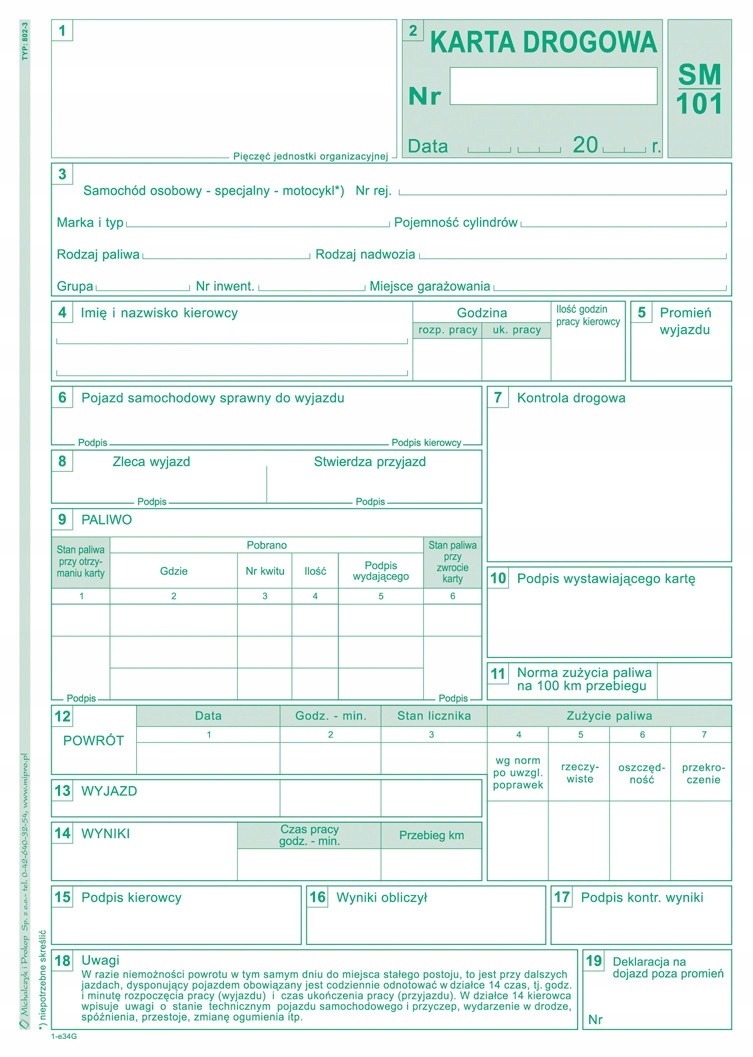 KARTA DROGOWA A5  SM/101 NUMEROWANA  802-3N