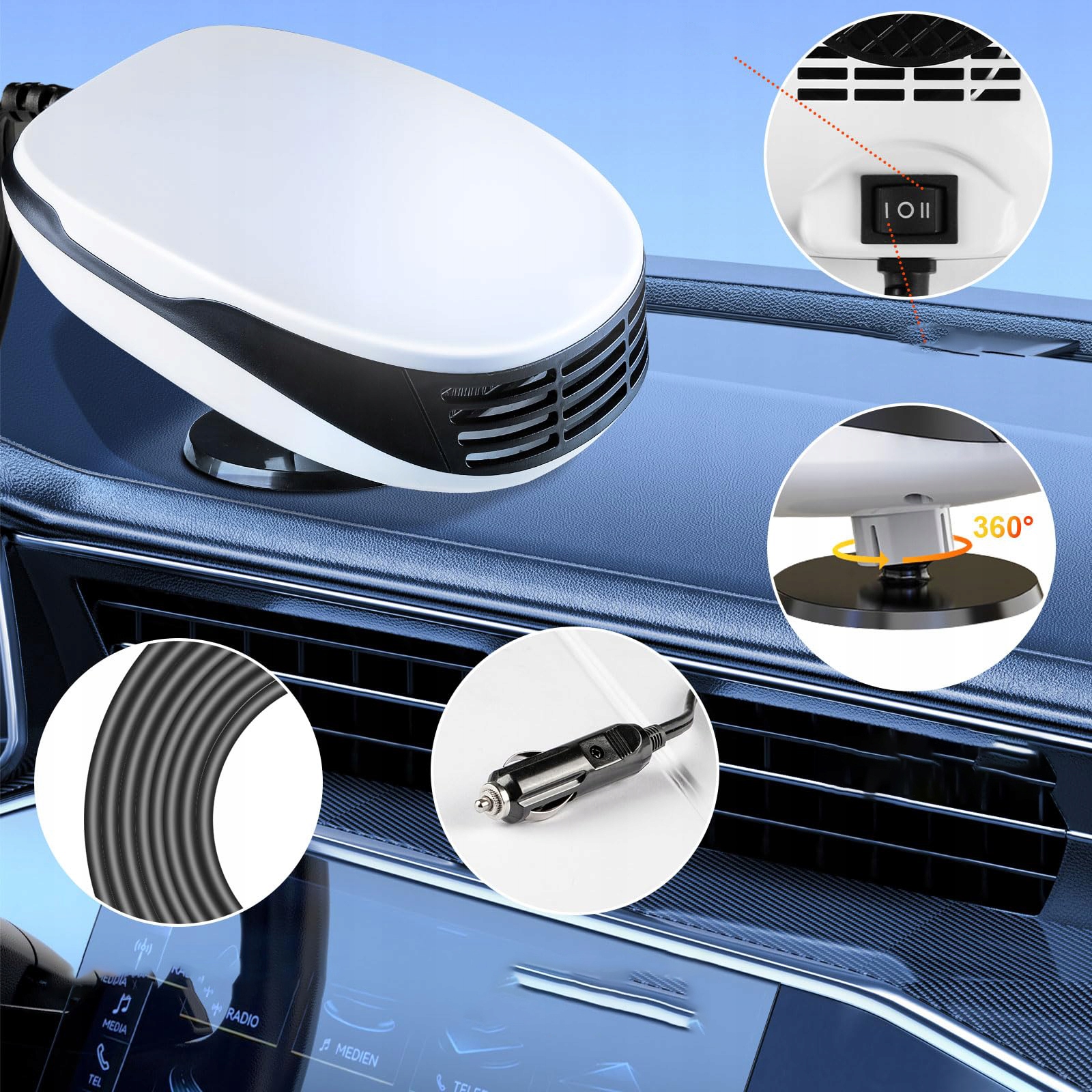 MOCNY WENTYLATOR SAMOCHODOWY NAGRZEWNICA KLIMATYZATOR 12V 200W 360° STOPNI Producent inny