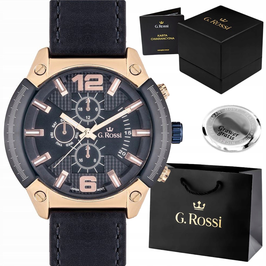 Velké pánské hodinky G. Rossi kožený řemínek pevná Krabička Gravírování