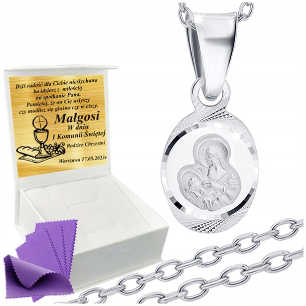 Łańcuszek Srebrny Medalik Naszyjnik 925 Na Komunię Chrzest UPOMINEK GRATIS