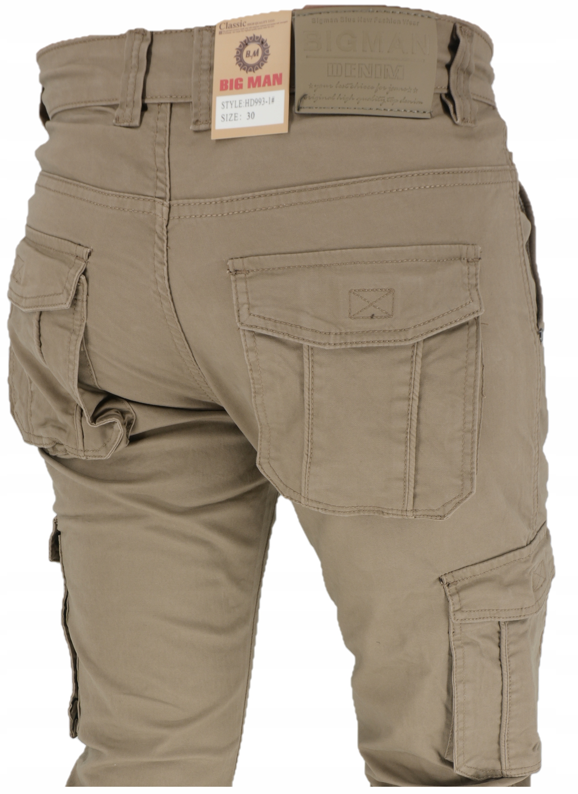 Spodnie Męskie z Kieszeniami po Bokach Bojówki Beżowe W36