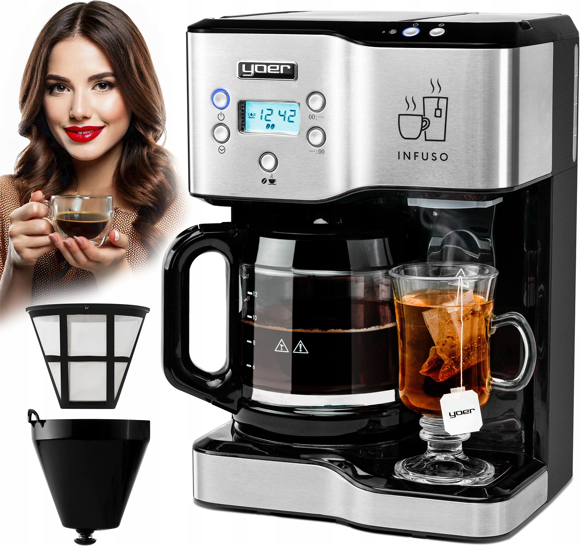 Ekspres Przelewowy Kawy 2W1 Yoer 1900W +dystrybutor Wody Na Herbatę +timer