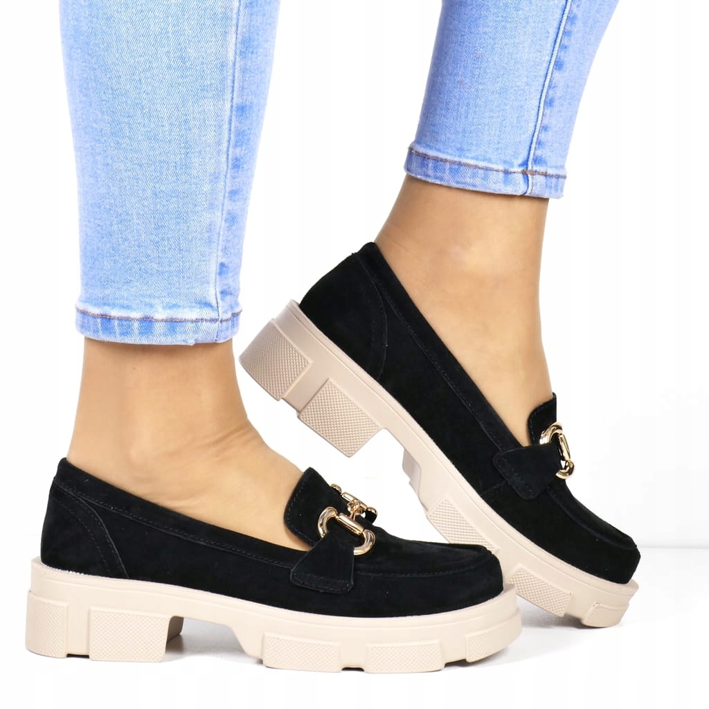 Dámské boty Mokasíny Z Kůže Na Silné Podrážce, Černé, Pohodlné