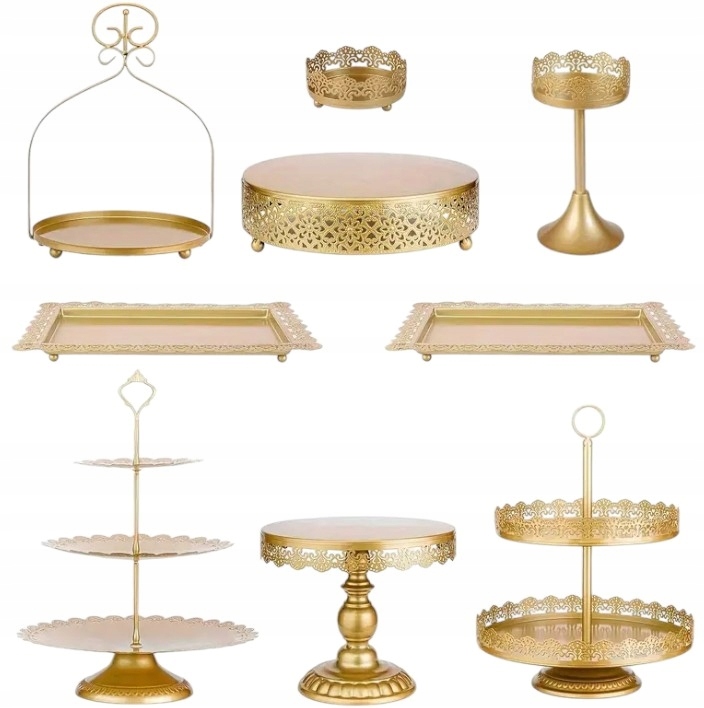 Sada 9 zlatých podnosů na sladký stůl, dorty, muffiny dort podnos