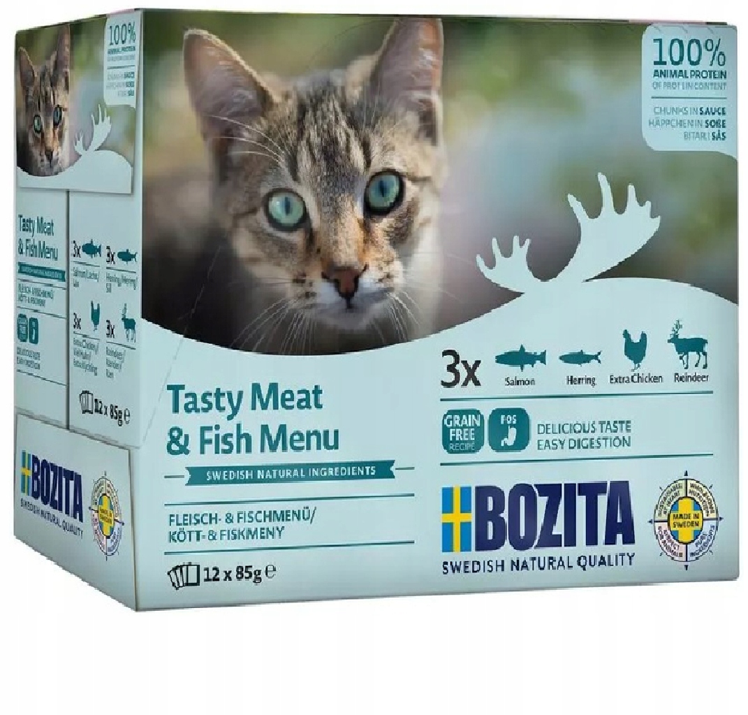 Bozita Rybí maso, kousky v omáčce, losos, sleď, kuře, sob 12x85 g