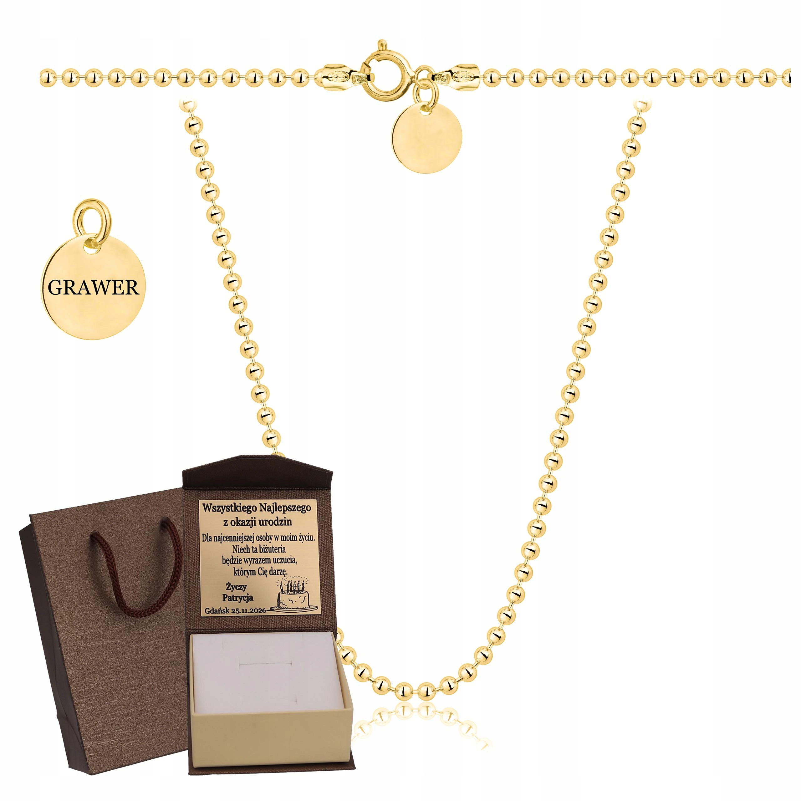 Zlatý Plný Řetízek Pánský Kuličkový Ryzost 925 585 Pevný Gravírování Bonus