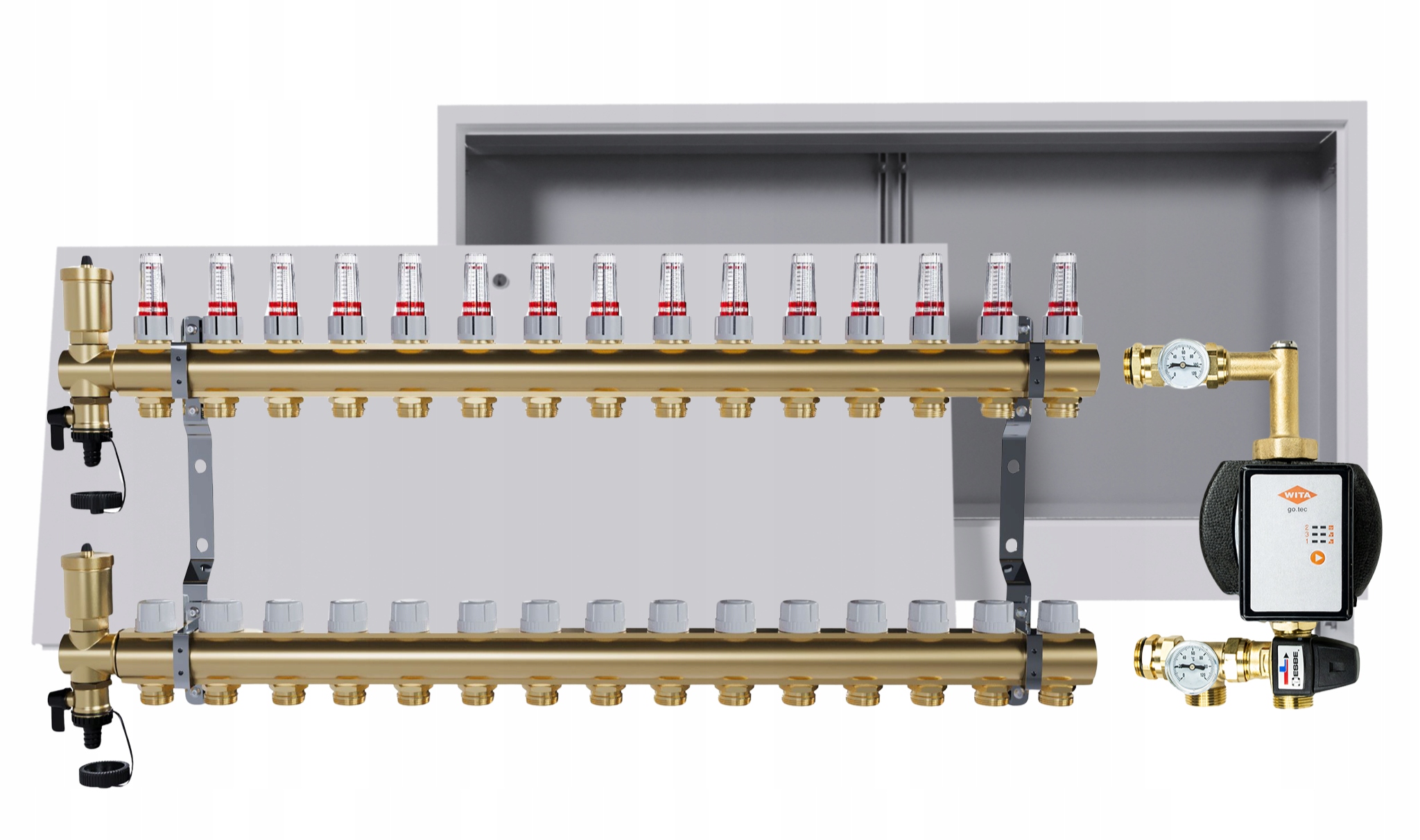 Rozdělovač pro podlahovou krytinu 15 okruhů s Wita skupinou podomítková skříňka