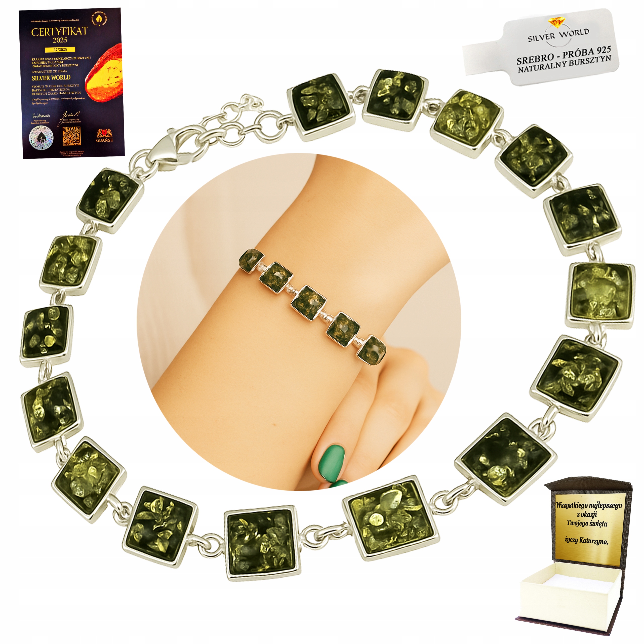 Stříbrný Náramek 925 S Baltským Jantarem, Zelený Jako Dárek Gravírování