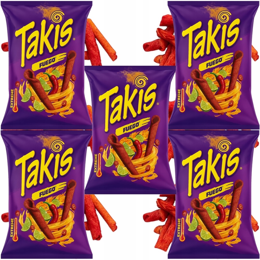 Levně 5 x Chipsy Kukuřičné Tortilla Chips Ostré Chilli Limetka Fuego 100g Takis